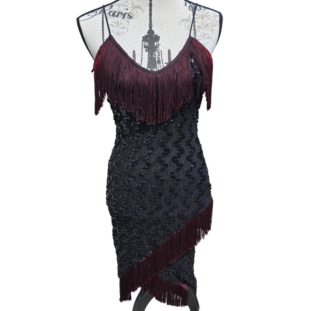 Vintage 1980s Hoffmann Cocktail Dress Black Sequin Fringe Made in West Germany